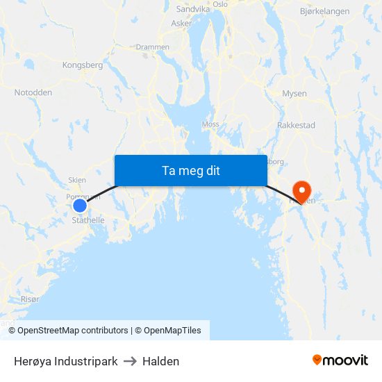 Herøya Industripark to Halden map