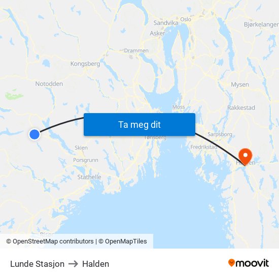 Lunde Stasjon to Halden map