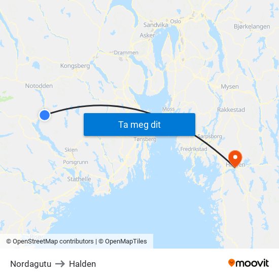 Nordagutu to Halden map