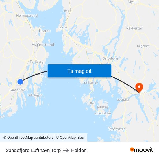 Sandefjord Lufthavn Torp to Halden map