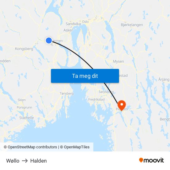 Wøllo to Halden map