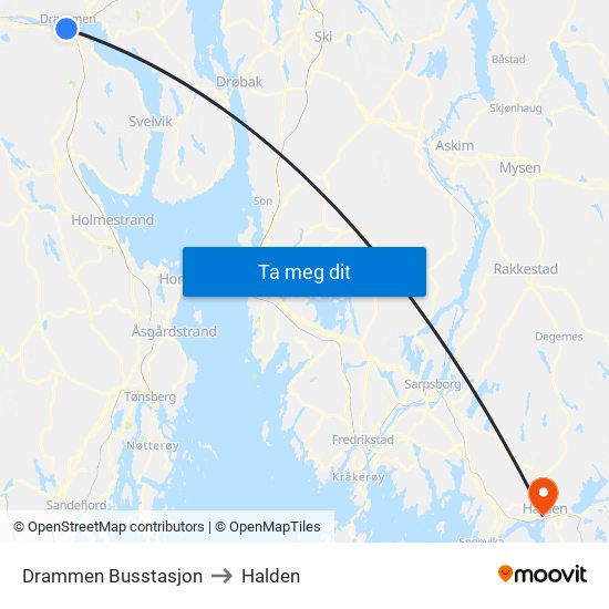 Drammen Busstasjon to Halden map