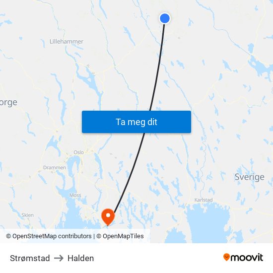 Strømstad to Halden map