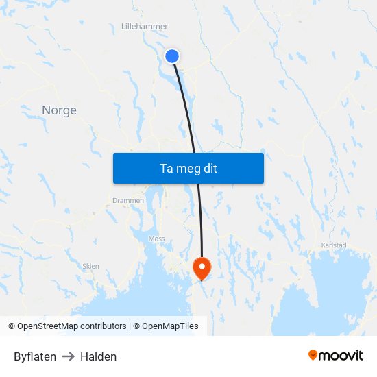 Byflaten to Halden map