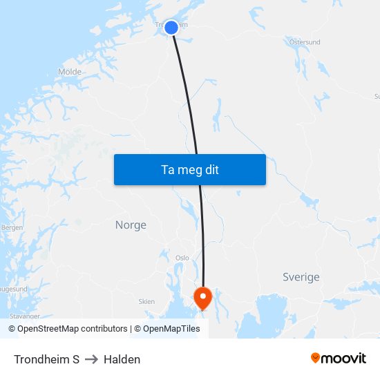 Trondheim S to Halden map
