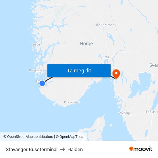 Stavanger Bussterminal to Halden map