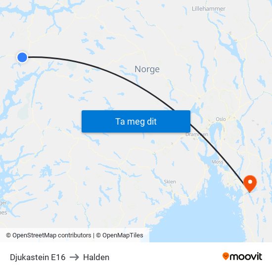 Djukastein E16 to Halden map