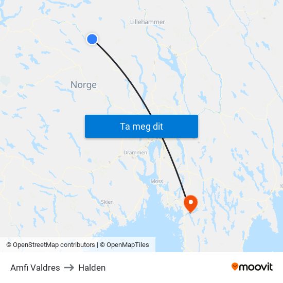 Amfi Valdres to Halden map