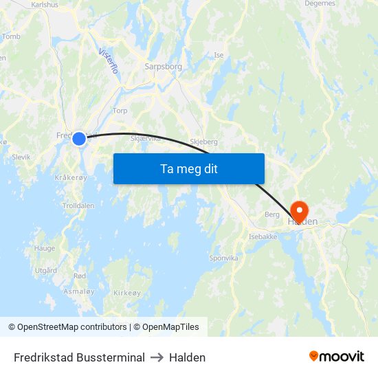 Fredrikstad Bussterminal to Halden map