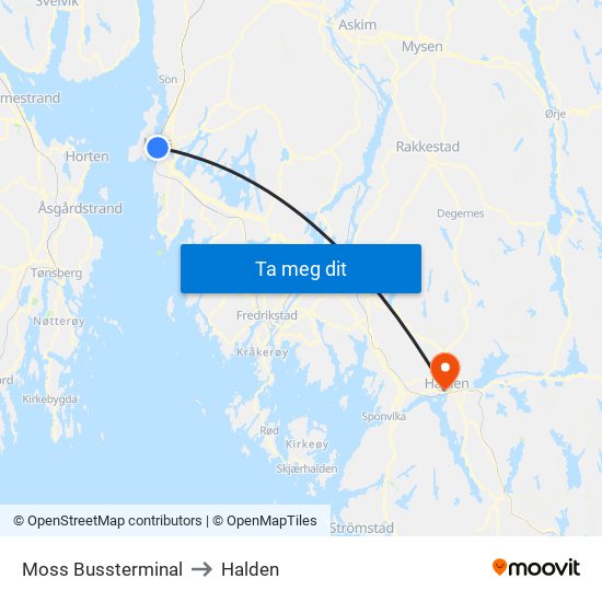 Moss Bussterminal to Halden map