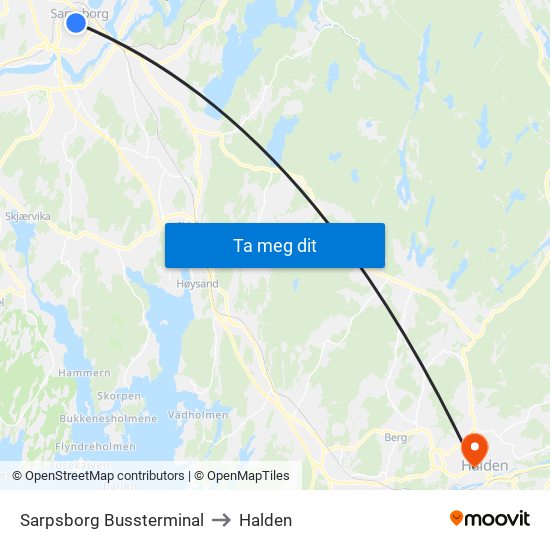 Sarpsborg Bussterminal to Halden map