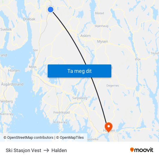 Ski Stasjon Vest to Halden map