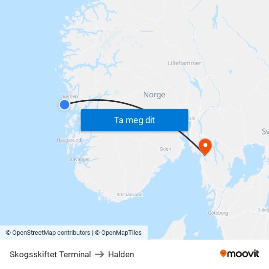 Skogsskiftet Terminal to Halden map