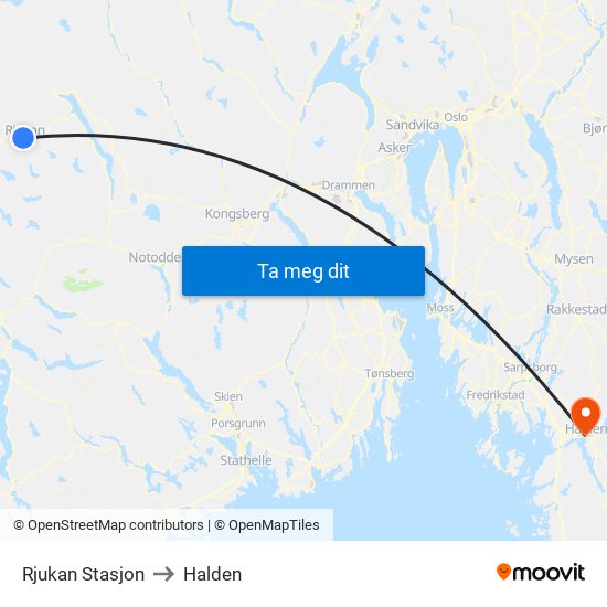 Rjukan Stasjon to Halden map