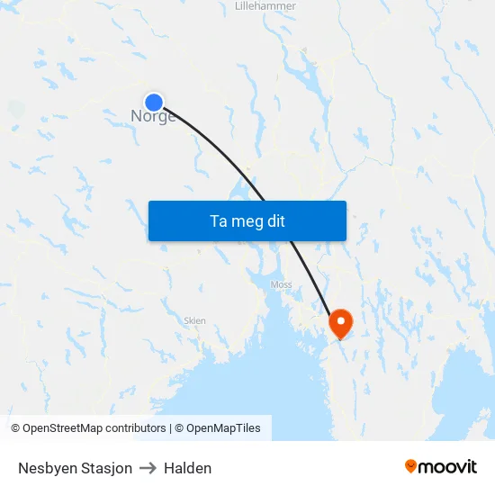Nesbyen Stasjon to Halden map
