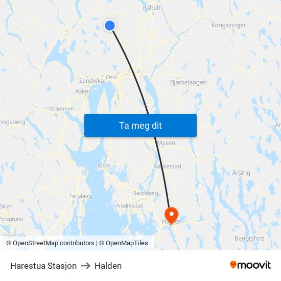 Harestua Stasjon to Halden map