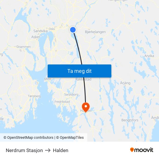 Nerdrum Stasjon to Halden map