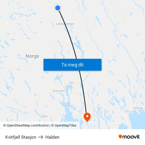 Kvitfjell Stasjon to Halden map