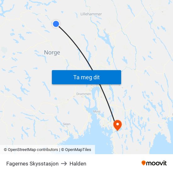 Fagernes Skysstasjon to Halden map