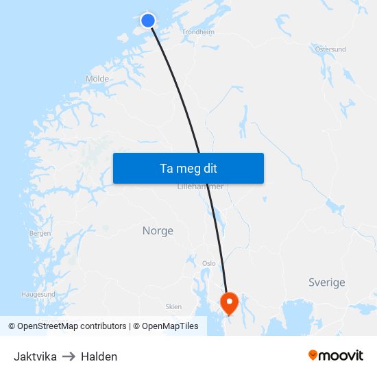 Jaktvika to Halden map