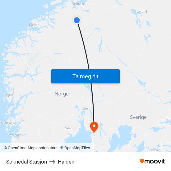 Soknedal Stasjon to Halden map