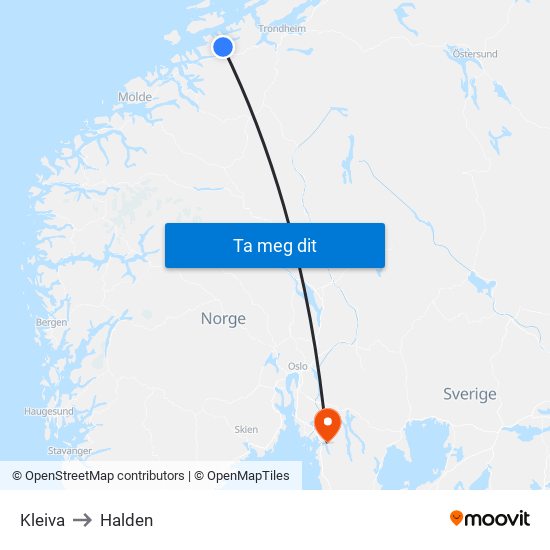 Kleiva to Halden map