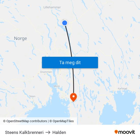 Steens Kalkbrenneri to Halden map