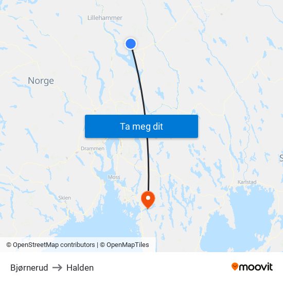 Bjørnerud to Halden map