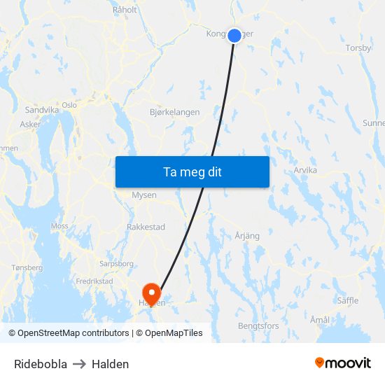 Ridebobla to Halden map