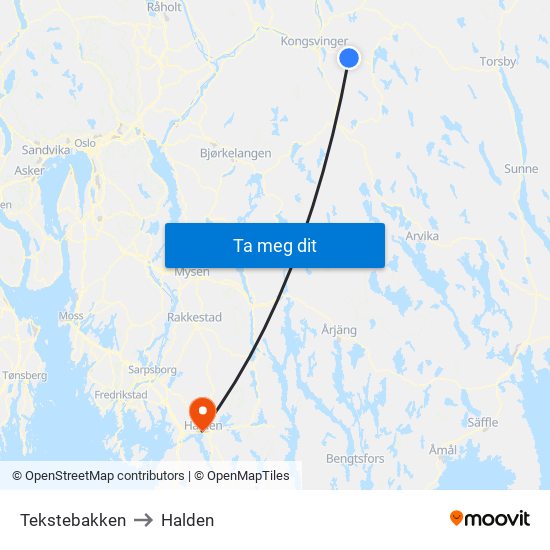 Tekstebakken to Halden map