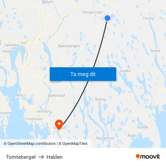 Tomteberget to Halden map