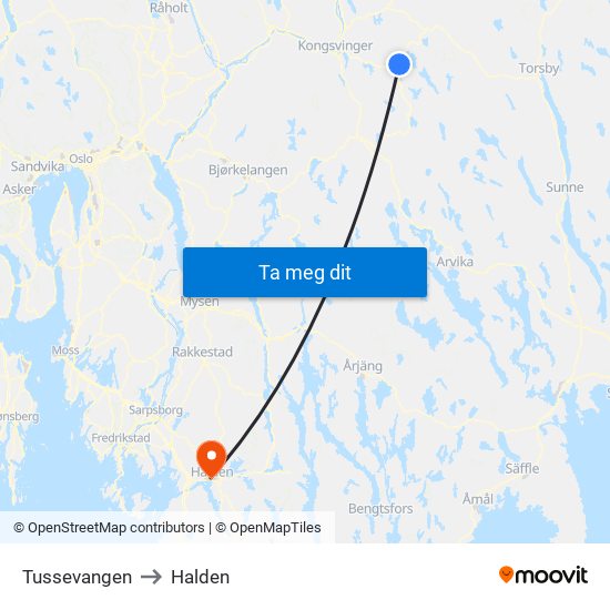 Tussevangen to Halden map