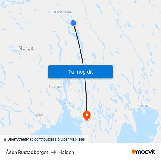 Åsen Rustadberget to Halden map