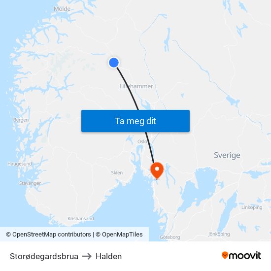 Storødegardsbrua to Halden map