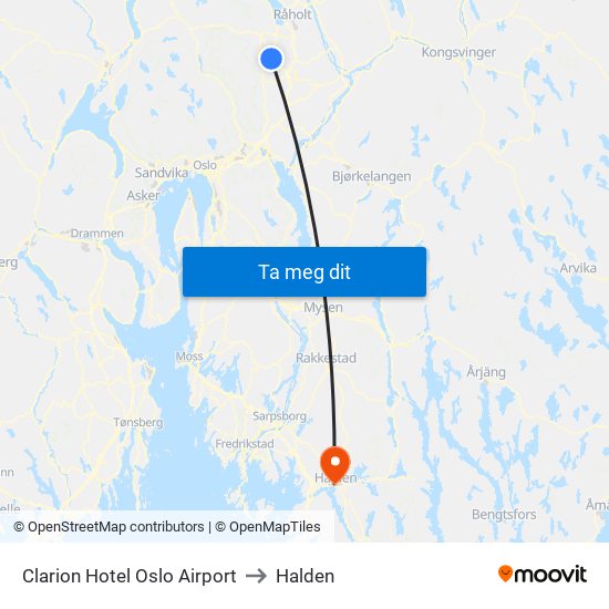 Clarion Hotel Oslo Airport to Halden map