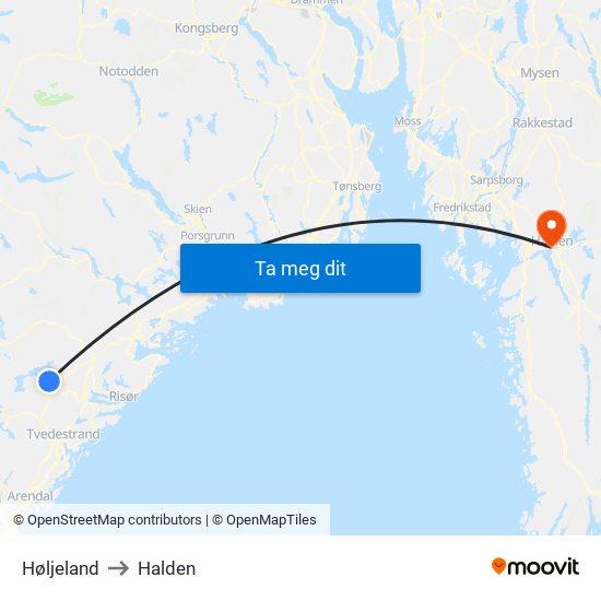 Høljeland to Halden map