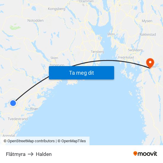 Flåtmyra to Halden map