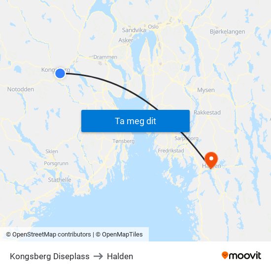 Kongsberg Diseplass to Halden map