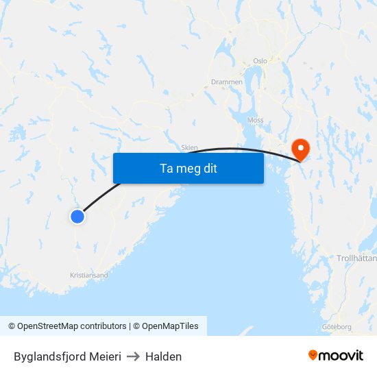 Byglandsfjord Meieri to Halden map