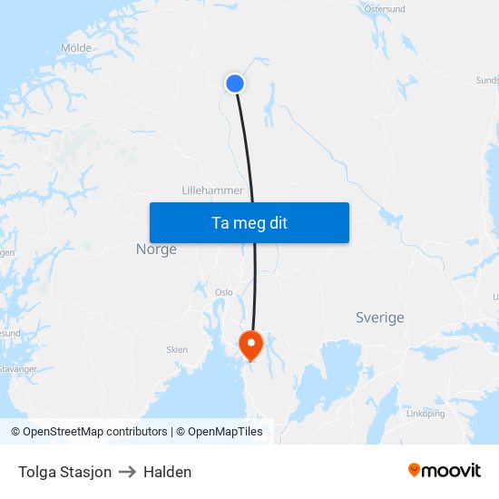 Tolga Stasjon to Halden map