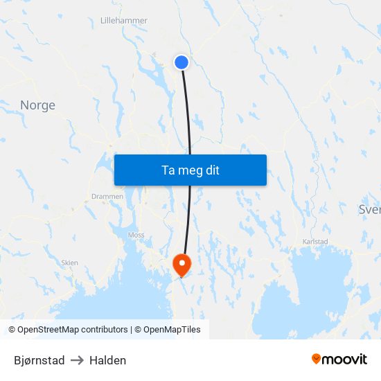Bjørnstad to Halden map