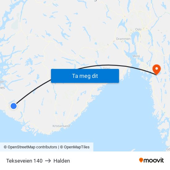 Tekseveien 140 to Halden map