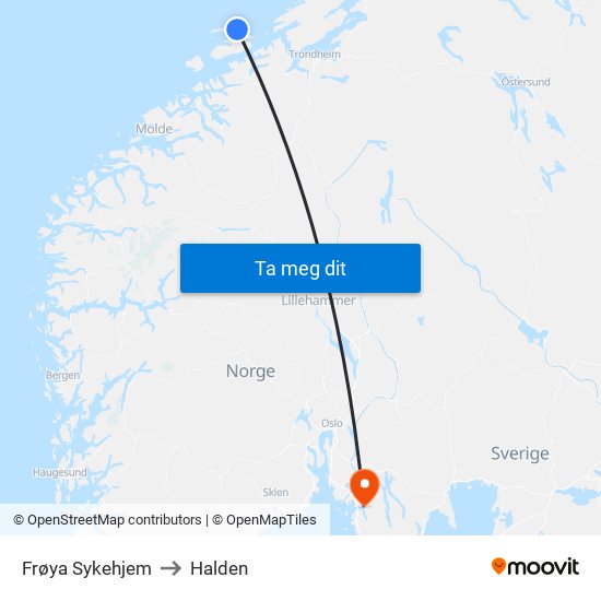 Frøya Sykehjem to Halden map