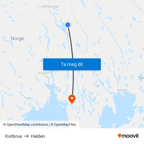 Kvitbrua to Halden map