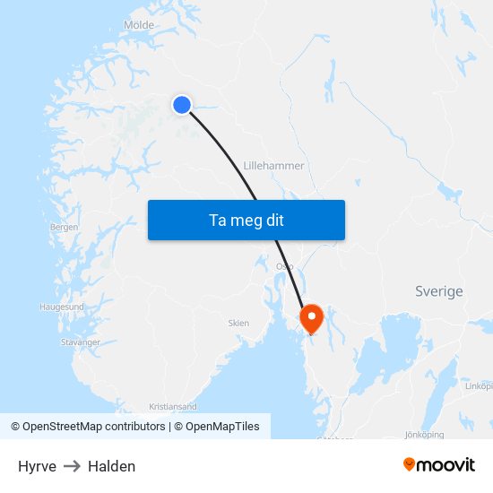 Hyrve to Halden map