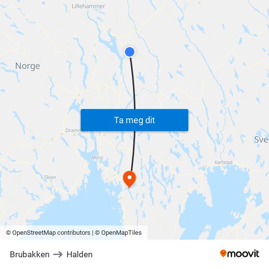 Brubakken to Halden map