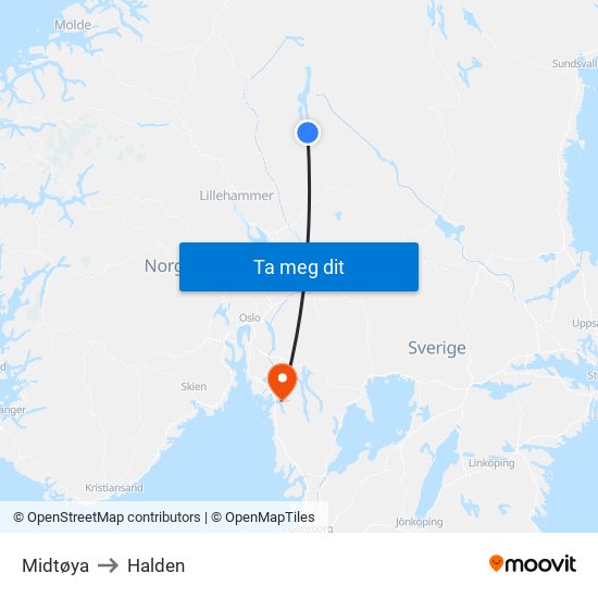 Midtøya to Halden map