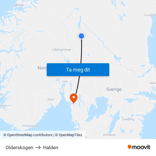 Olderskogen to Halden map