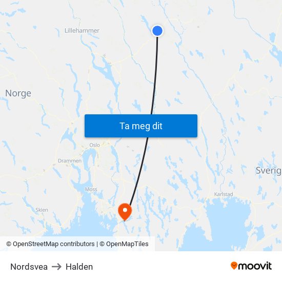 Nordsvea to Halden map