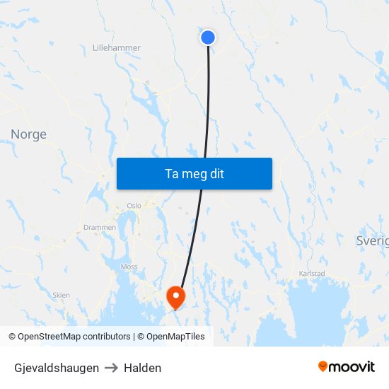 Gjevaldshaugen to Halden map